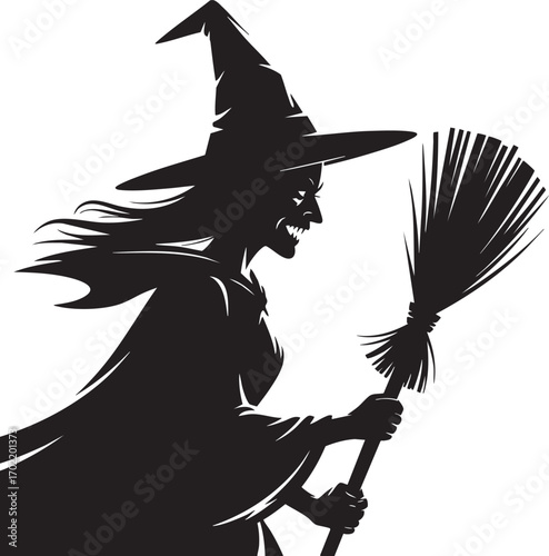A dramatic silhouette of a witch, portrayed in a dynamic profile view, clutching a broom.