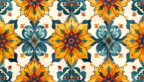 A vibrant, symmetrical pattern of stylized flowers in a repeating tile design, showcasing a rich palette of yellow, blue, and red accents against a cream background.