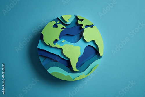 Paper cut earth illustration blue background layered paper art green continents creative design environmental concept North America South America artistic modern style