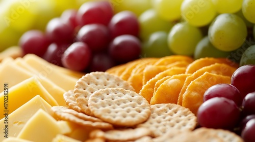 Delicious assortment of cheese, crackers and grapes close up detailed shot