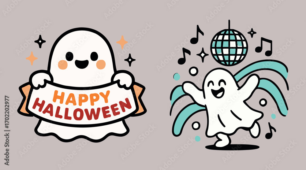 Obraz premium Halloween T-shirt Design with Ghosts, Pumpkins and Spooky Elements Vector isolated on white background.