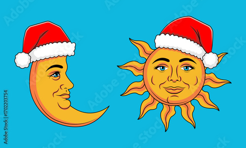 Vector illustration of the sun and crescent moon with human faces wearing Santa Claus hats. Bright festive design on a blue background, perfect for holiday cards, decorations, and seasonal artwork.