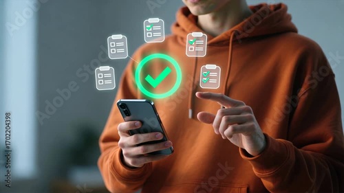A man is holding a phone while glowing checkmark icons float above in arc, checklist, task progress tracking, checklist tracking
