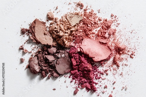 Crushed eyeshadows, various shades, scattered on white background