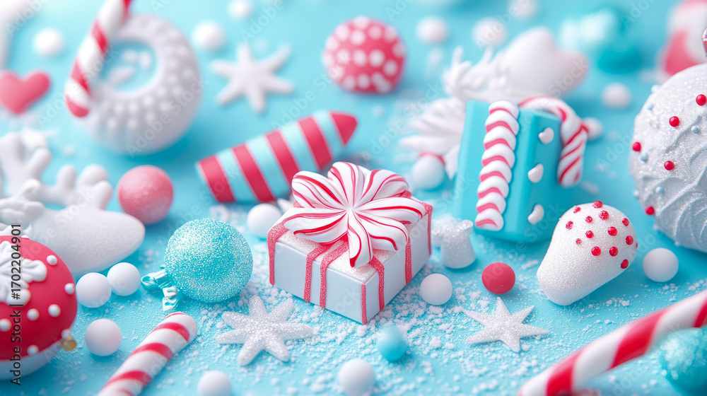 Obraz premium Vibrant collection of cheerful red, white, and blue holiday candies and festive ornaments scattered on snowy light blue surface, evoking sweet winter wonderland celebration
