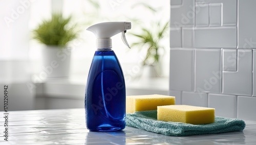Blue cleaning spray bottle with yellow sponges on a countertop