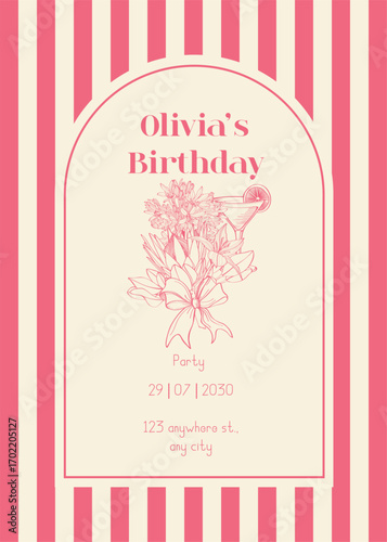Happy Birthday girly cards in elegant trendy hand drown retro 90s style. Minimalist line art. Celebration congratulations posters with flowers and cocktails. Vector frame template for party, event.