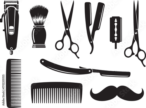 Black silhouette icons of barber tools and mustache black and white electric razor