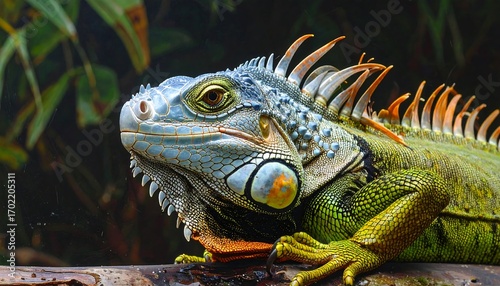 Close-up profile view of a vibrant iguana showcasing its intricate scales and striking color palette against a dark, lush background.