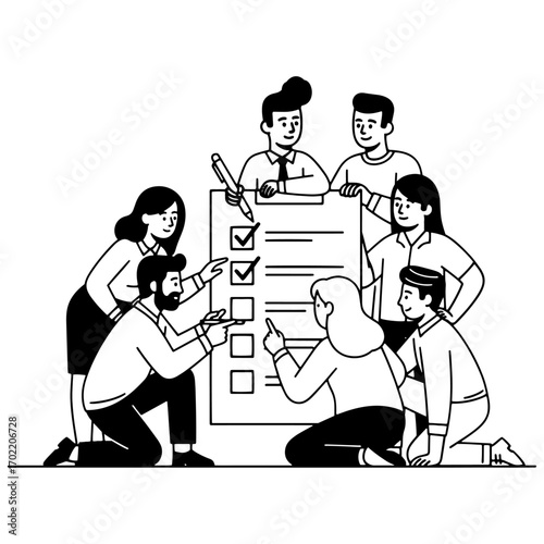  Black and white vector illustration of a team with a checklist.

