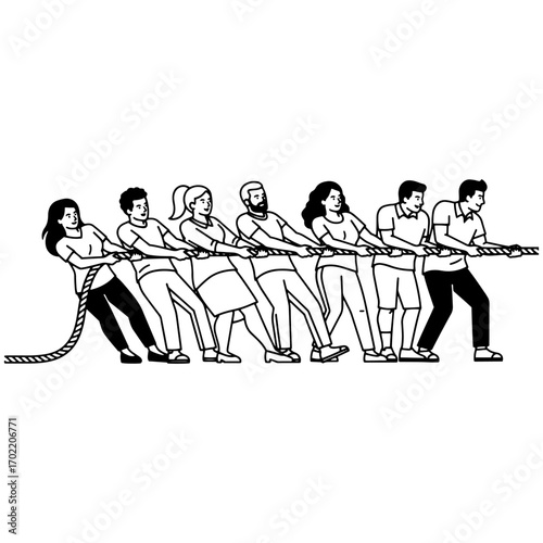 Black and white vector illustration of a team pulling a rope together.


