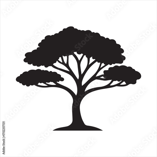 A beautiful vector silhouette of a Raintree with lush leaves, perfect for a nature illustration. 
