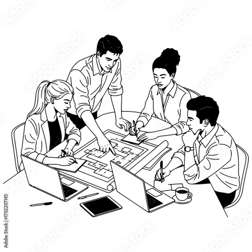 Black and white vector illustration of a group planning a project.

