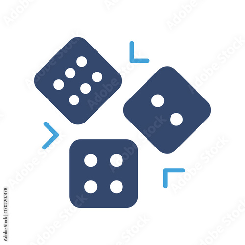 Three blue dice with pip counts of six two and four are arranged around small blue arrow shapes