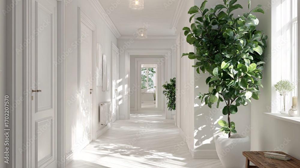 Fototapeta premium Scandinavian hallway with tall leafy plant
