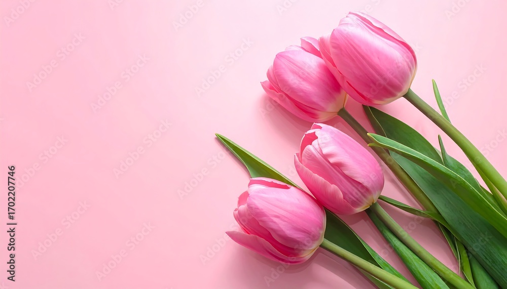 Fototapeta premium Delicate pink tulips arranged artfully on a pastel pink background.