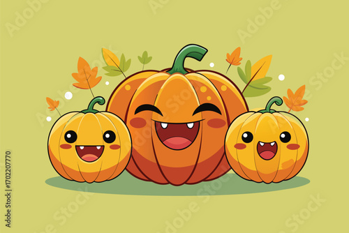 Vector cute halloween or thanksgiving pumpkin set. Collection of kawaii happy halloween pumpkins. Laughing pumpkins with cute faces. Funny smiling pumpkins for halloween or thanksgiving celebration.