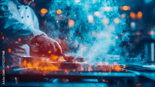Dynamic culinary artistry in action: professional chef masterfully prepares dish with vibrant flames, swirling smoke, and glowing sparks in modern kitchen setting