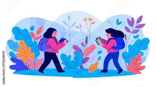 Two young women with backpacks, actively exploring and documenting plant life in vibrant, stylized natural environment, embodying outdoor learning and botanical curiosity.