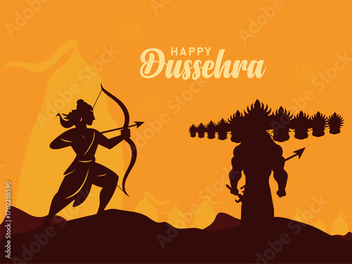 Happy Dussehra or Vijaydashmi Indian Festival celebration background. Vector silhouette illustration of lord rama killing ravana.