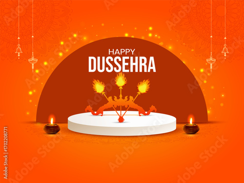 Happy Dussehra or Vijaydashmi Indian Festival celebration pedestal podium background design Vector illustration on victory over evil concept.