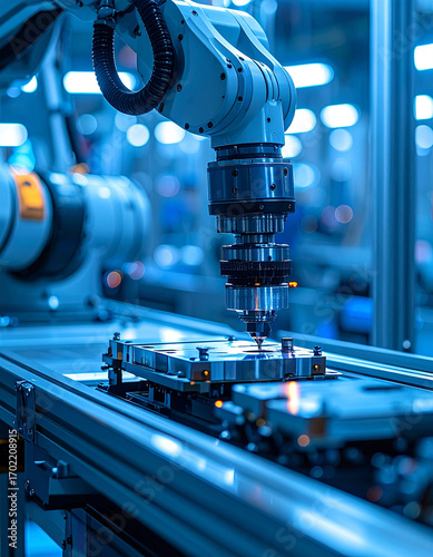 Robotic arm welding precision in a futuristic industrial factory automation in metal production advanced machinery technology steel assembly