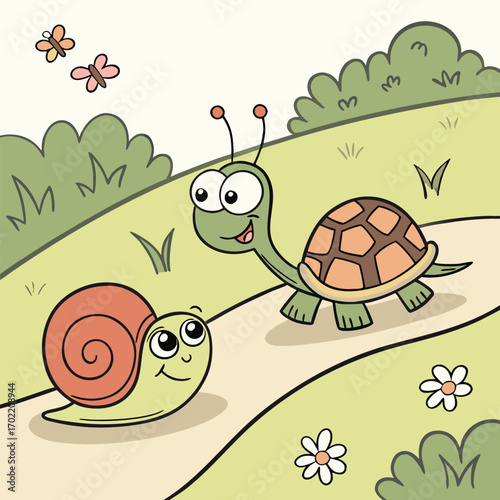 Charming illustration of a speedy snail in a race against a slow turtle perfect for children s stories and playful designs