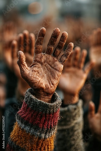 Diverse hands raised together in unity, symbolizing global human rights and equality