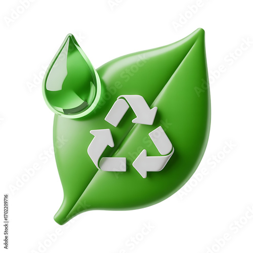 3 D Rendered Green Leaf with Recycle Symbol and Water Drop on Black Background Environmental Conservation Concept