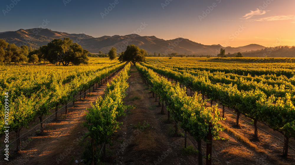 Naklejka premium Panoramic Vineyard Sunset: Rows Of Grapevines At Golden Hour