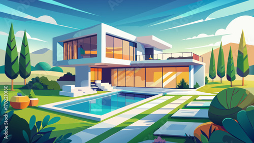 Modern European villa with clean white walls, floor-to-ceiling glass windows, minimalist landscaping, and an infinity pool, blending sleek contemporary design with serene countryside surroundings and 