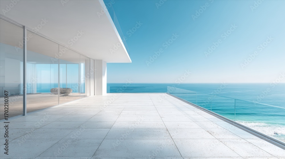 Obraz premium Modern Architecture with Ocean View: Minimalist Coastal Home Design on a Bright, Sunny Day