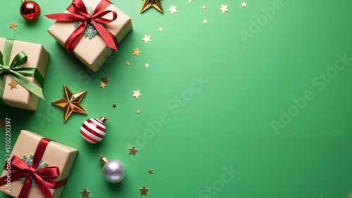 A green background with presents and gold stars scattered around.