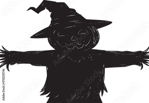 A stylized scarecrow with a jack-o'-lantern head, arms outstretched, set against a plain white background with a subtle gradient.