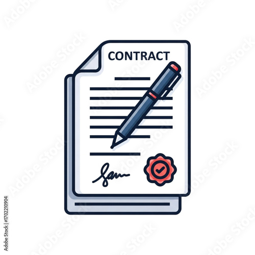 Illustration of a contract document with a pen and a seal, symbolizing agreements and legal matters.