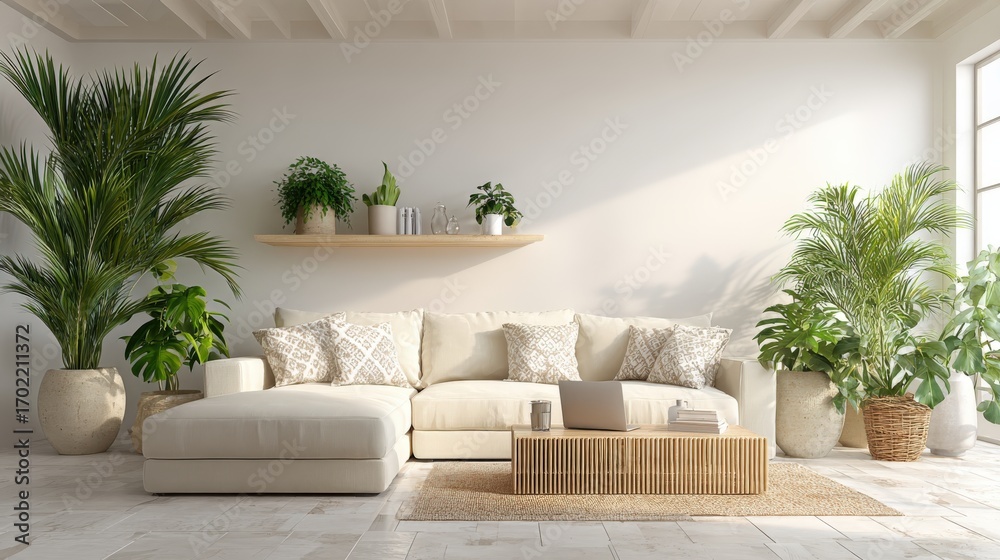 Obraz premium Bright Living Room Interior with Beige Sofa, Wooden Coffee Table, Plants and Natural Light