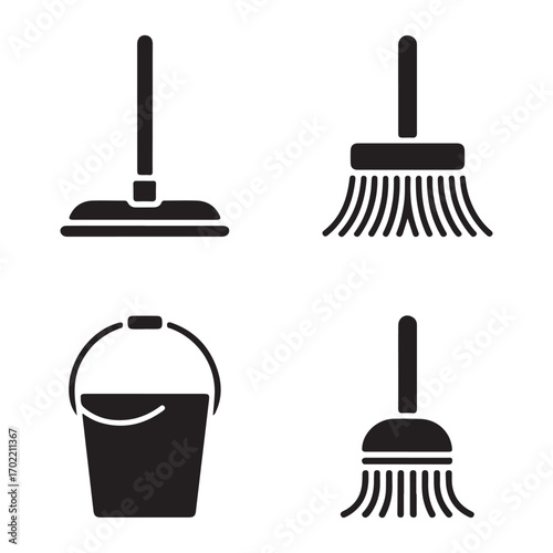 Mop broom and bucket cleaning icons