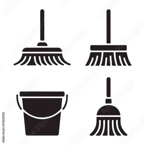 Mop broom and bucket cleaning icons