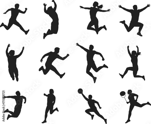  Athlete silhouette vector illustration, running jumping sports people design, fitness activity black outline artwork, dynamic motion exercise figure graphic, training movement concept