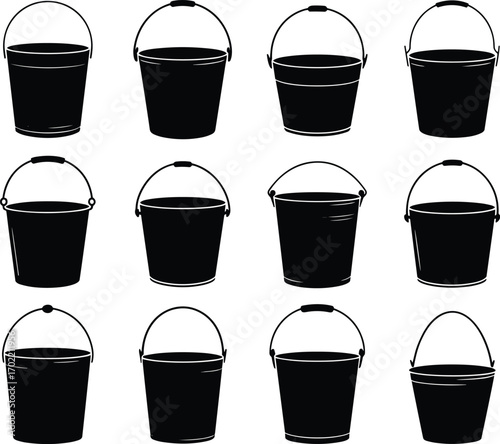 Bucket vector illustration set, black silhouette icons of water pail, metal container with handle, household cleaning tool, farming equipment, garden utility design