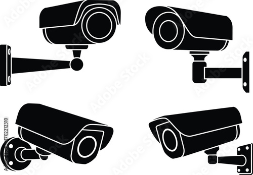  CCTV camera vector illustration, black surveillance security icons, monitoring system design, video protection technology set, safety equipment silhouette, digital security camera graphic collection
