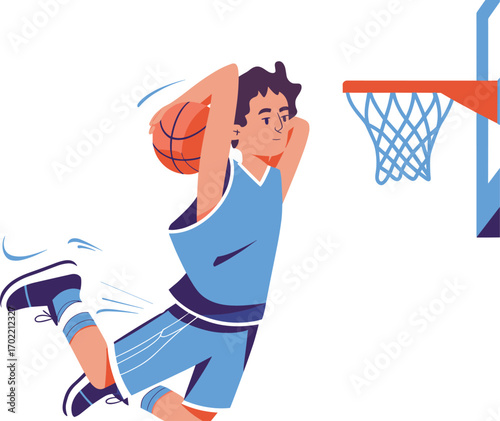 Cartoon basketball player performing slam dunk in mid-air, dynamic sports character illustration for athletic themes, action content, and expressive storytelling design