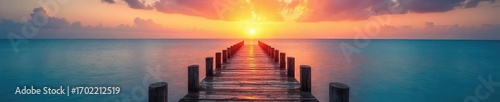 Rustic wooden pier stretches out over calm, blue water, bathed in the warm glow of sunset Ideal for travel, vacation, coastal, and serenity themes , dock background, beach, sea