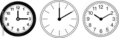 Clock vector illustration set, wall clock design, time symbol graphic, round analog clock icons, education element, business timepiece, simple hour minute vector collection