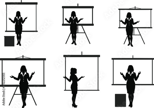 Businesswoman presenting with projector screen, professional speaker, training session, seminar talk, office meeting, leadership, business lecture, communication, teamwork