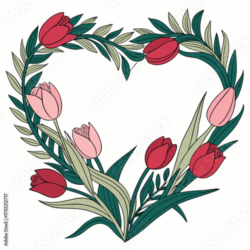 A charming heart shaped floral wreath composed of vibrant tulips and lush green leaves perfect for romantic occasions spring celebrations or decorative banners