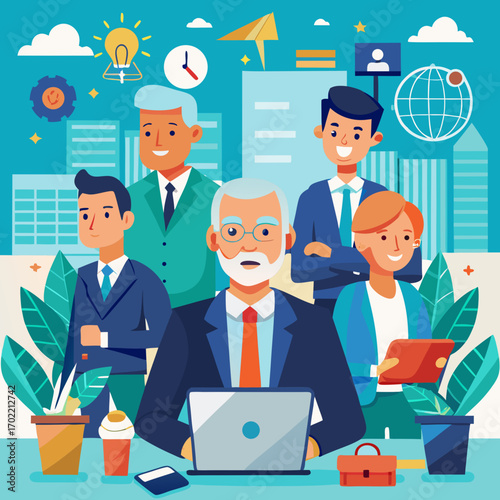 Dynamic team collaboration in a thriving business district, showcasing diverse professionals working together towards innovation and global success, originally created as scalable vector graphics