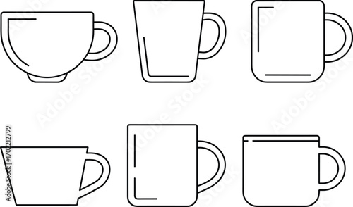 Coffee cup vector illustration, set of mugs and teacups with handles, black outline line art design for kitchen, café, beverages, drinks
