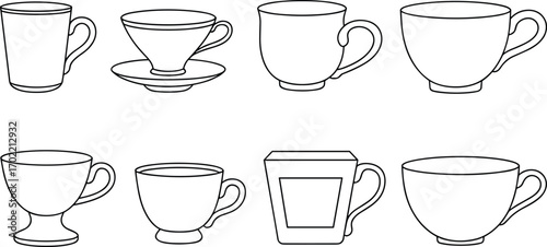 Collection of tea cups and coffee mugs illustration, vector outline drawing, different cup designs, simple black line art, beverage container icons