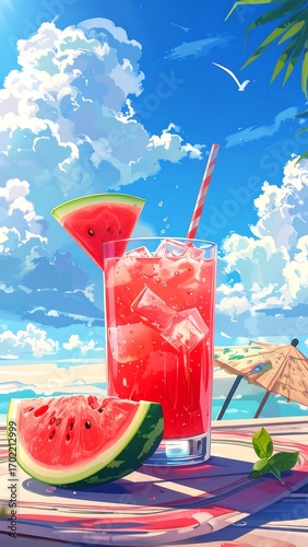 A vibrant depiction of a refreshing watermelon drink on a sunny beach scene, showcasing bright colors and a cheerful mood.